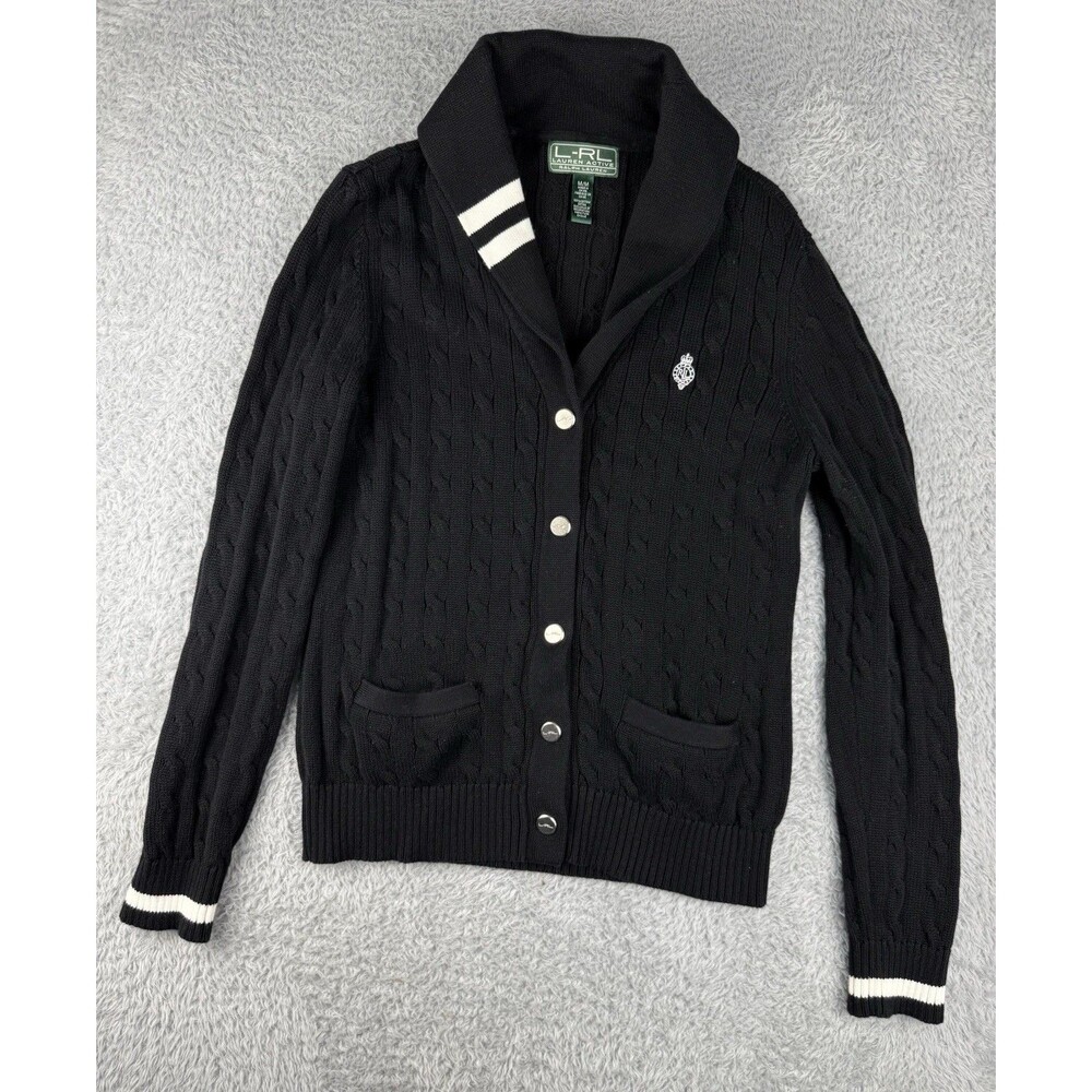 Lauren Ralph Lauren Crest Cable Knit Shawl Collar Cardigan Sweater Black Women M
